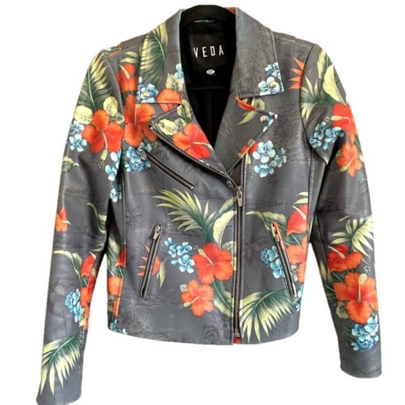 Veda Gray Tropical Print Leather Biker Jacket - Small - Picture 10 of 12